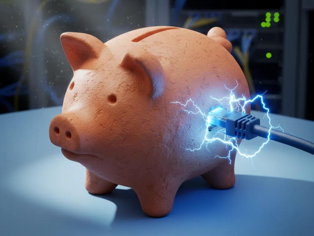 Cerdo alcancía de terracota con cable Ethernet conectado y rayo azul, fondo de sala de servidores detallado.