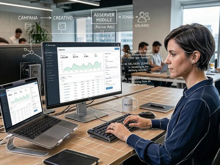 Mujer en la oficina usa un Adserver. Una red de líneas blancas de boceto técnico resalta su enorme flujo de trabajo.