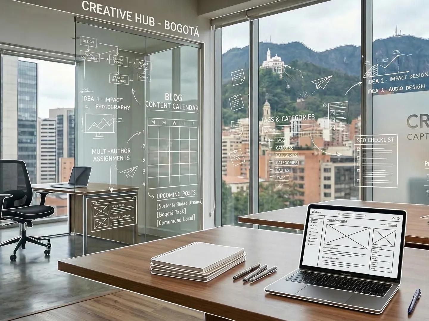 Oficina fotorrealista vacía en Bogotá, vista al Monserrate, portátiles y un arte lineal blanco de blog multiautor.