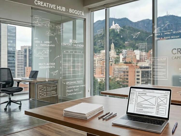 Oficina fotorrealista vacía en Bogotá, vista al Monserrate, portátiles y un arte lineal blanco de blog multiautor.