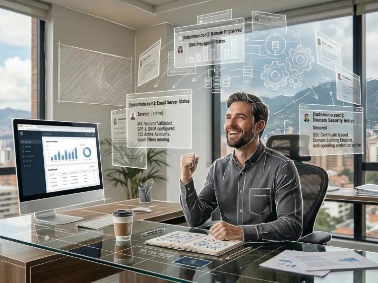 Hombre feliz en oficina de Bogotá viendo ventanas flotantes de boceto blanco sobre su dominio y correo corporativo