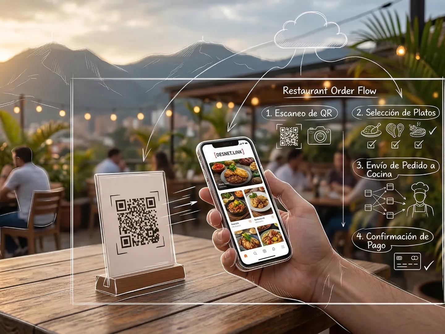 Cliente usa QR de Desnet.link en un restaurante al atardecer. Estilo foto y bocetos.