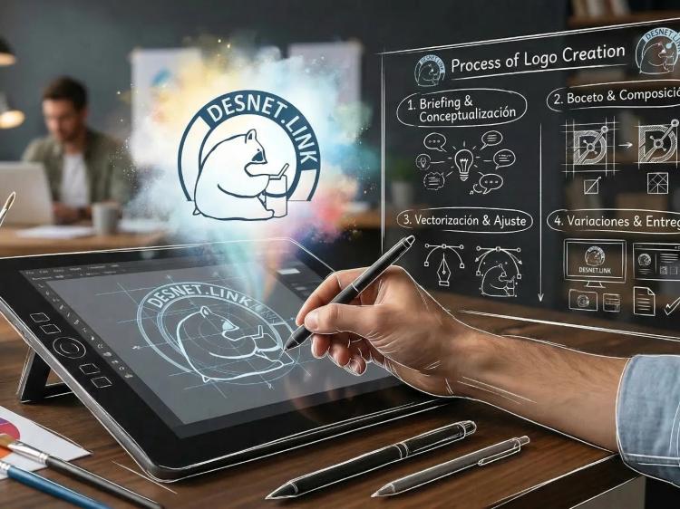 Un diseñador dibuja el logo del oso de Desnet.link en una tableta. Fotorrealismo con bocetos blancos.