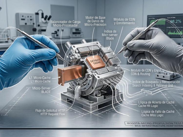 Manos ensamblan un módulo de servidor web fotorrealista, complementado con diagramas y bocetos técnicos blancos.