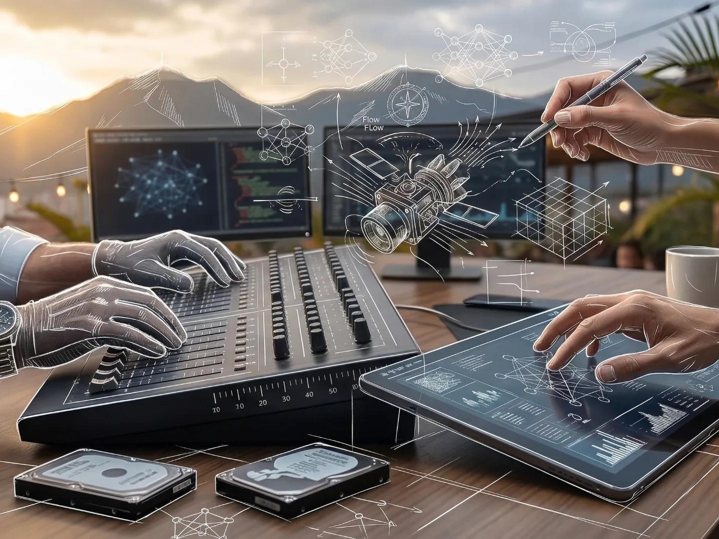 manos manipulando diferentes dispositivos